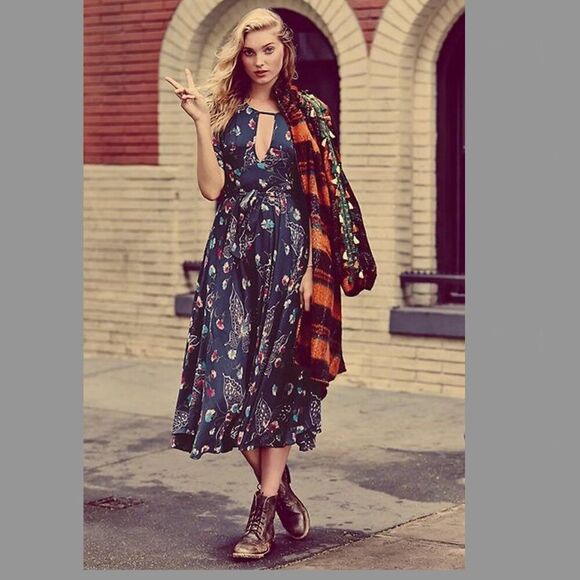 Free People 2 XS Bonnie Dress Floral CottageCore Blue Fit Flare Boho Coquette - Picture 14 of 15